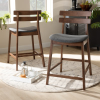 Baxton Studio Boba-Dark Grey/Walnut-Counter Stool Larine Modern and Contemporary Dark Grey Fabric Upholstered Walnut Finished 2-Piece Wood Counter Stool Set